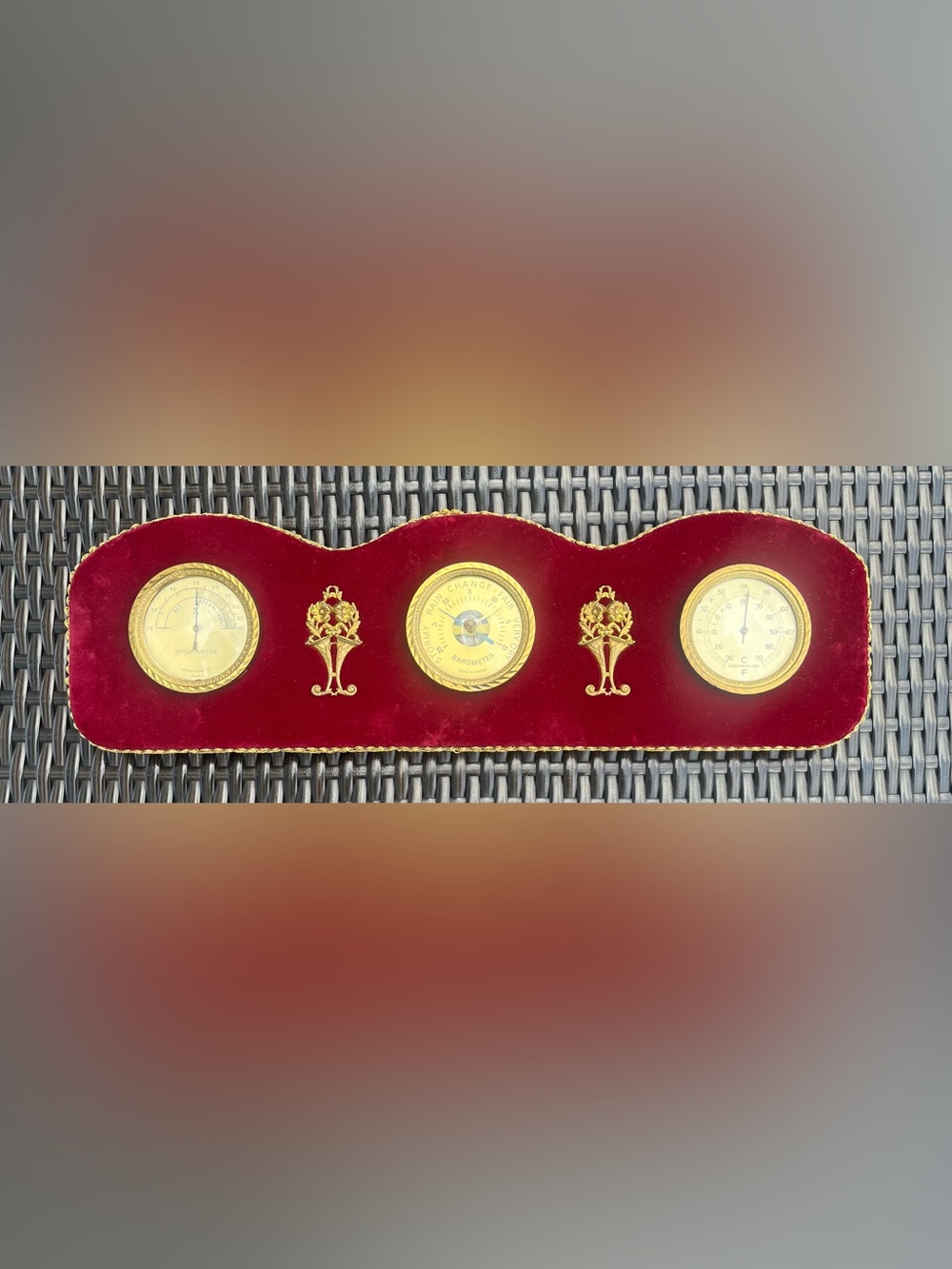 Mid Century French Weather Station Vintage Brass RedVelvet Barometer Wall Plaque